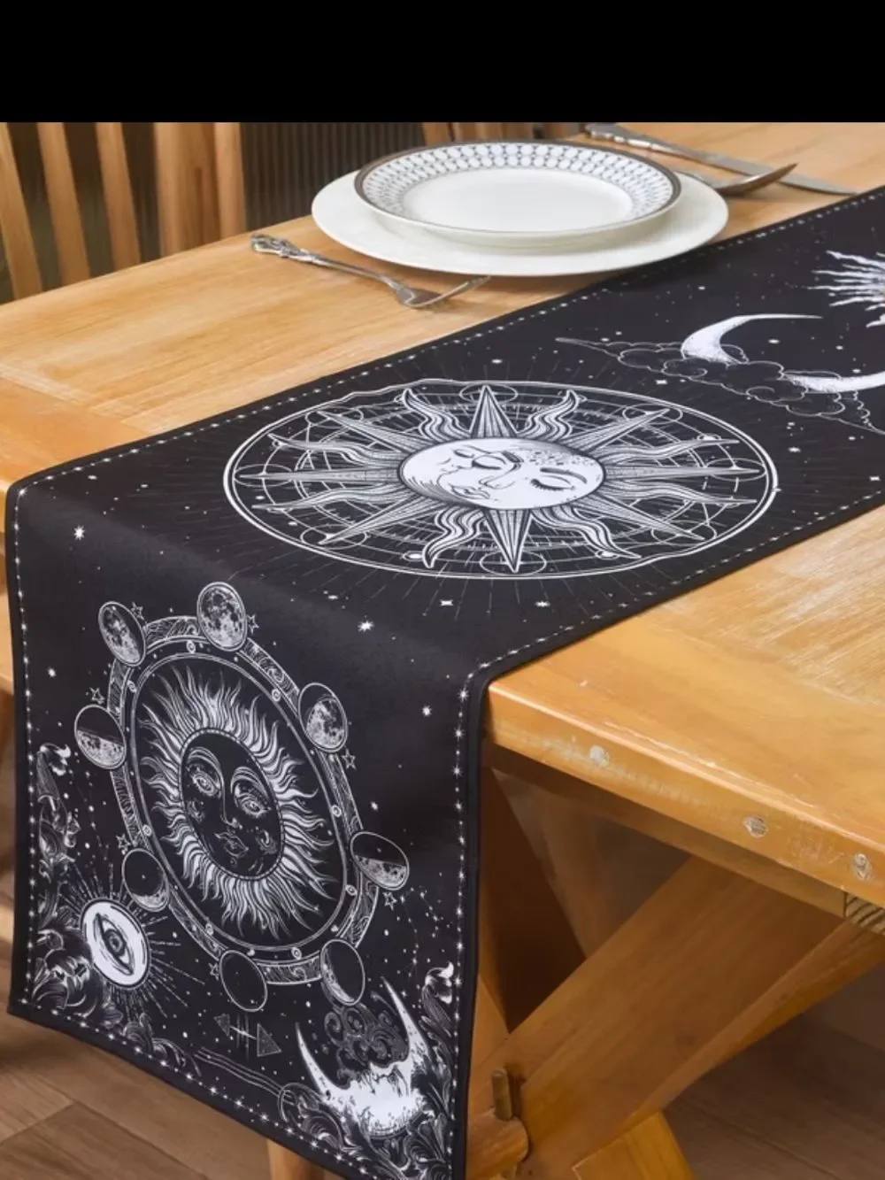 Celestial Sun & Moon Table Runner - Black and White